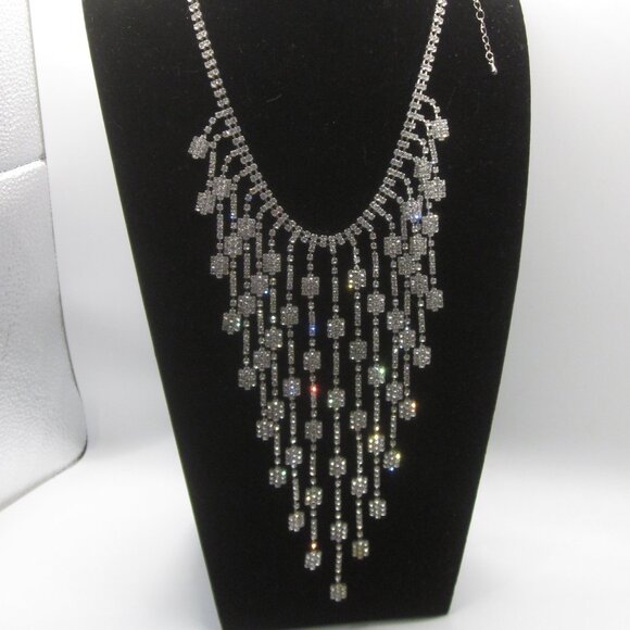 Vintage Waterfall Bling Rhinestone Statement Necklace - Picture 2 of 5